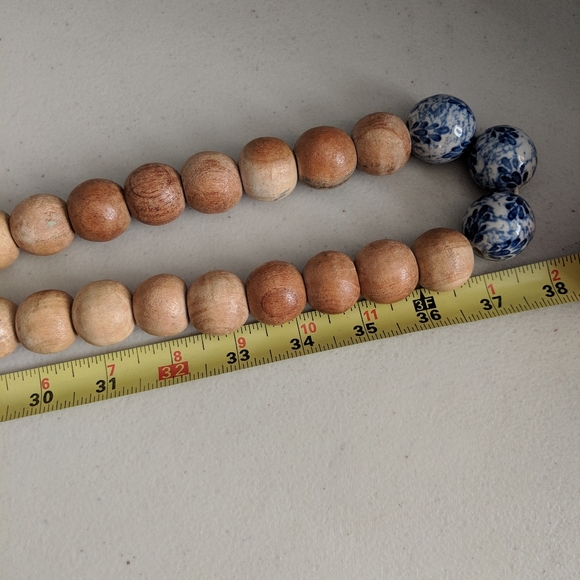 Wooden Garland Marble Blue Floral Beads Decor Farmhouse Boho Gift - Picture 2 of 7